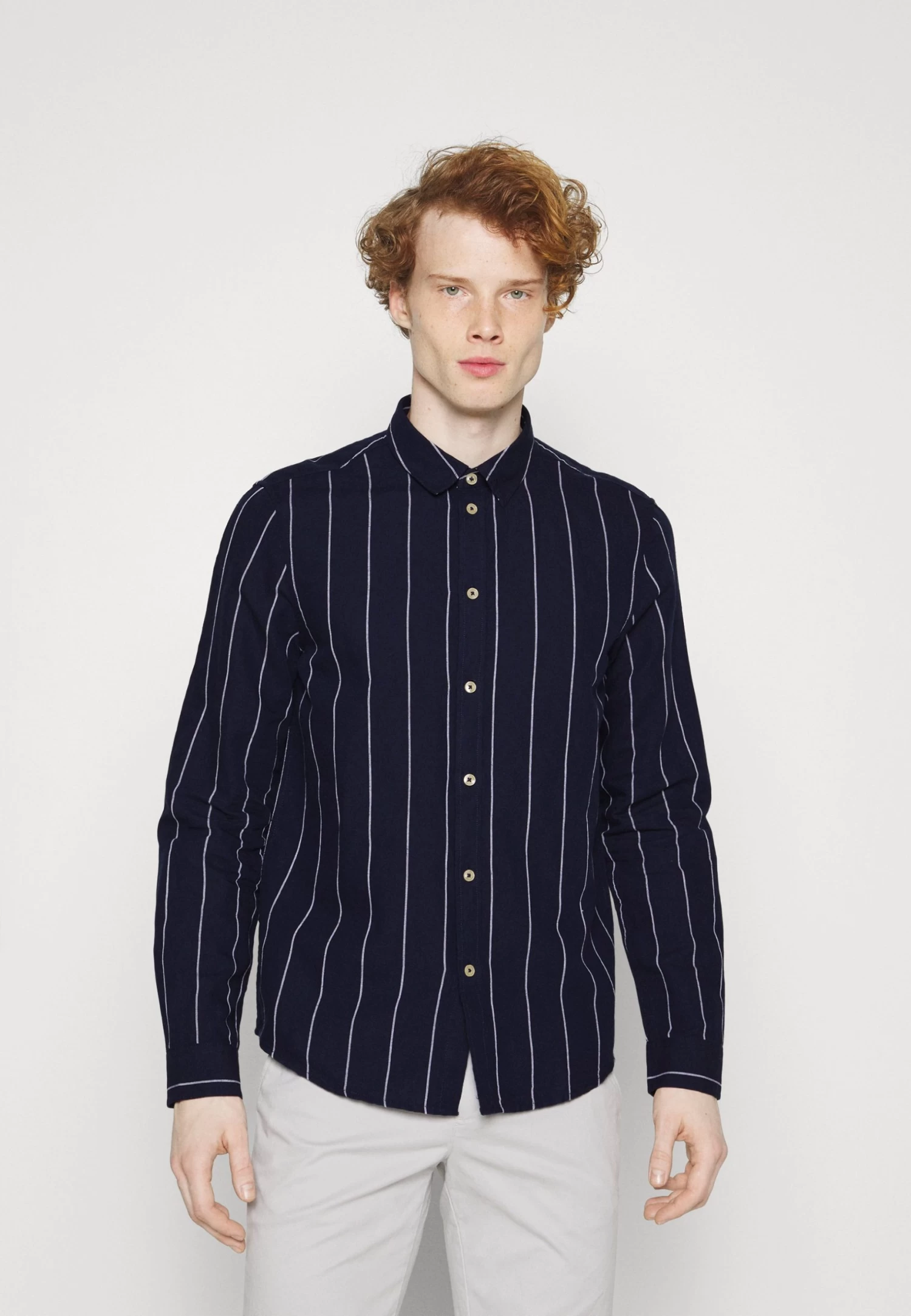 Linen Mix Stripe - Shirt - Dark Blue